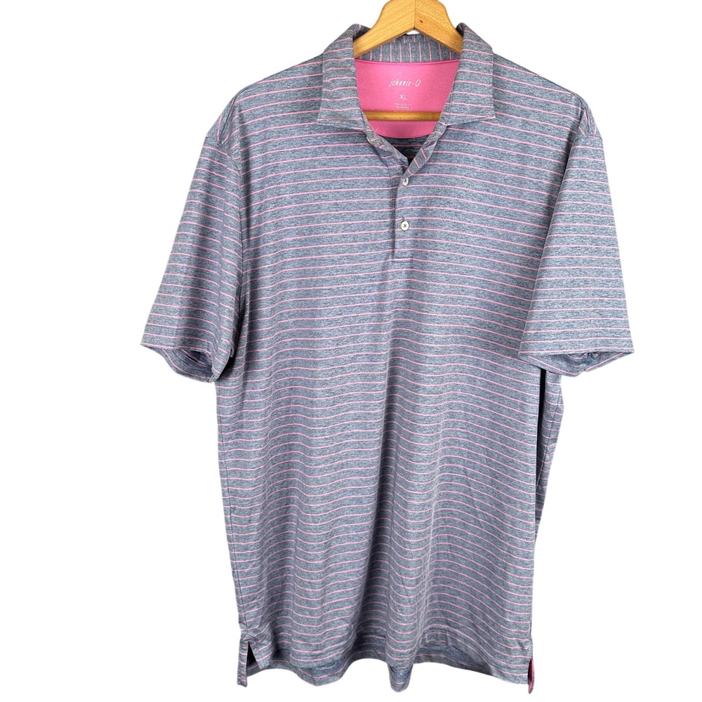 Johnnie-O Mens XL Performance Polo Shirt Blue Pink Striped Short Sleeve Golf